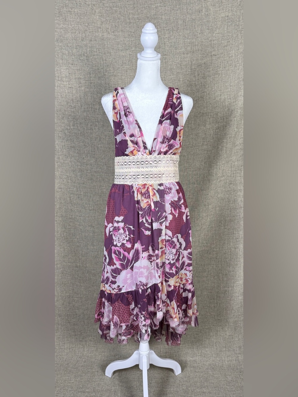 Free People Plum Floral V-Neck Midi Dress with Cream Lace Waist